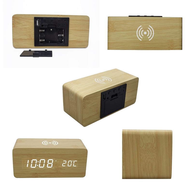 Buachois Wooden Digital Alarm Clock, Alarm Clock with Wireless Charging