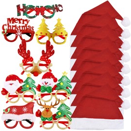 Pack of 16 Christmas Accessories 8 Pieces Christmas Glasses Funny Christmas Glasses 8 Pieces Christmas Hats Santa Hats Santa Hat for Christmas Party Decoration