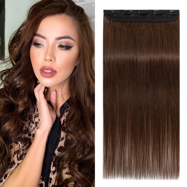 Clip in on Hair Extensions Human Hair 22 Inch One Piece Silky Straight Full Head Hairpieces for Women with 5 Clips Real Hair Extensions Double Weft Balayage Clips in Extensions Chocolate Brown #4 55g
