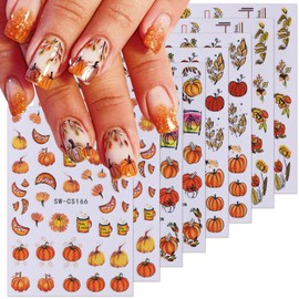 8 Sheets Fall Nail Art Stickers 3D Autumn Thanksgiving Nail Decals Turkey Pumpkins Squirrel Thanksgiving Nail Design Supplies Self-Adhesive Gold Maple Leaf Nail Stickers for Women DIY Holiday Manicure