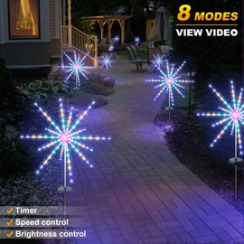 DenicMic Solar Firework Meteor Lights 2 Pack Outdoor Solar Garden Decorative Starry Starburst Lights with Remote, 8 Modes Landscape Path Patio Yard Christmas Decor (Multicolor)