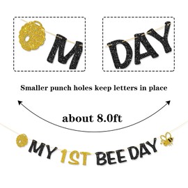 RoadSea My 1st Bee Day Banner - Boy Girl 1st Birthday Party Supplies - Bee Theme Baby Shower - Happy Bee Day - Baby 1st Birthday Party Decorations - Gold Black Glitter