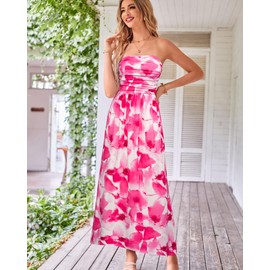 GRACE KARIN Women's 2024 Summer Bohemian Floral Printed Strapless Beach Party Long Maxi Dress Pink Flower