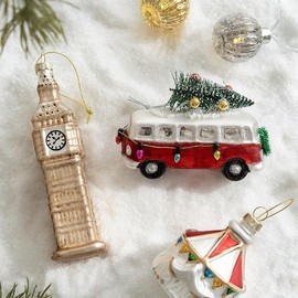 Fassory Festive Camper Van Glass Christmas Bauble, Handmade Blown Glass Christmas Ornament Decorations, Christmas Tree Decorations (Festive Camper Van)