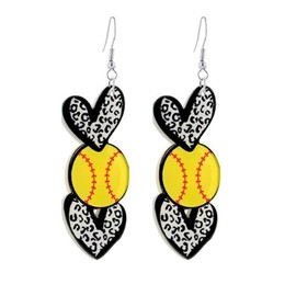 Acrylic Sports Ball Heart Shaped Dangle Drop Earrings for Women Cute Football Basketball Volleyball Baseball Softball Leopard Print Love Shape Earrings Sport Game Day Jewelry Gift-Softball