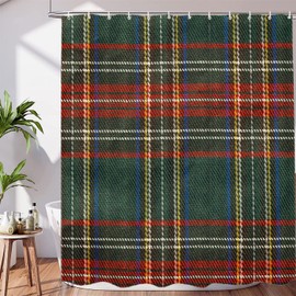 BaoNews Red Scottish Plaid Decor Shower Curtain Set,Retro Green Tartan Traditional Christmas Polyester Shower Curtain for Shower Stall Bathroom Waterproof with 12 Hooks 72x72 Inch