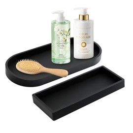 2Pcs Bathroom Vanity Tray, KUAOOAUK Bathroom Trays for Counter, Elegant Silicone Jewelry Dish, Decorative Tray for Bathroom Accessories Toilet Candle Soap, Rectangular and Oval Black