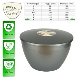 Just Pudding Basins 4 Pint Large Bowl with Lid for Steaming and Mixing Durable Plastic Dishwasher Safe Colour Silver
