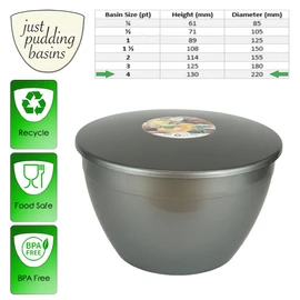 Just Pudding Basins 4 Pint Large Bowl with Lid for Steaming and Mixing Durable Plastic Dishwasher Safe Colour Silver
