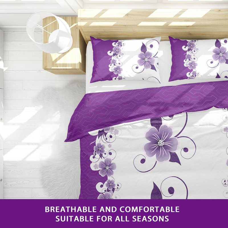 King Size Bedspread Set 9 Pieces, Purple Gardenia Flower