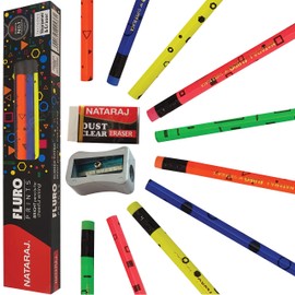 Nataraj Fluro Prints - 10 Wooden Pencils Eraser Sharpener - Students Kids School Home