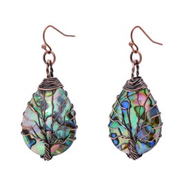 Tree of Life Hand Wrapped Sea Abalone Shell Earrings for Women, Antique Bronze Copper