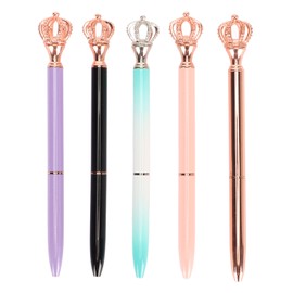 5Pcs Ball Point Pen Electroplated Assorted Colors Crown Top Replaceable Refill Gel Pen for Study Office Family