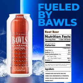 BAWLS Guarana Root Beer - Guarana Fueled Soda for Energy, High Caffeinated Drink, 12 Pack 16oz Cans