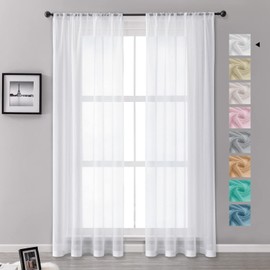 MRTREES Voile Curtains, Semi-Transparent, Short, Linen Look, White, 260 x 140 cm (L x W), for Living Room, Bedroom, Children's Room, Set of 2