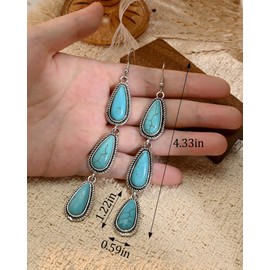 Watforsh Large Long Boho Silver Turquoise Teardrop Western Country Earrings Drop Dangle Vintage Stone Bohemian Statement Earrings for Women Cowgirl