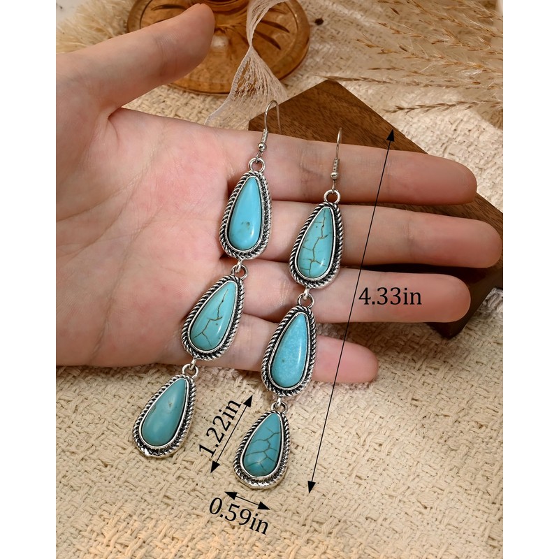 Watforsh Large Long Boho Silver Turquoise Teardrop Western Country Earrings