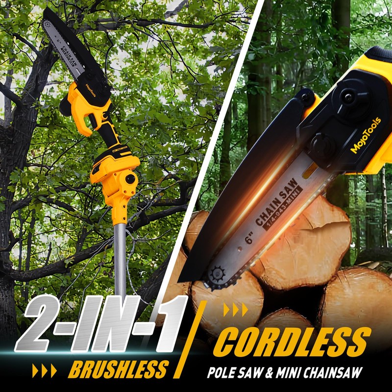 MoJoTools 2-in-1 Cordless Mini Chainsaw & Pole Saw – 15FT
