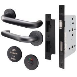 EAI Lift to Lock Return to Door Lever Handle Set with DIN Lock (72mm C/C - Backset 60mm) for Bathroom/Toilet Cubicle Toilet Doors | Matt Black | Suitable on 60 Minute Fire Doors