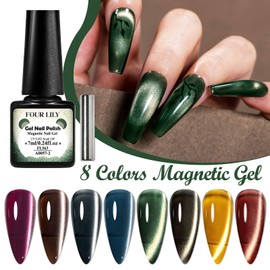 Four Lily Magnetic Cat Eye Gel Nail Polish Set, 8 Colors Retro Cateye Nail Gel Polish Jelly Glitter Magnetic Gel Polish Soak Off Lamp Gel Nail Art Manicure Kit