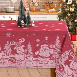 Oudain Christmas Fabric Tablecloth Jacquard 60 x 84 Inch Xmas Table Cover Reusable Rectangular Red Christmas Table Cloth Washable Table Cover for Winter Holiday Party Home Dinner Decor(Classic)
