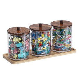 BTSKY 3 Pack PaperClip Holders with Bamboo Lids & Tray, Round Binder Holder for Desk, Clear Paper Clip Dispenser Small Office Supply Accessory Organizer Qtip Holder for Office Bathroom Vanity, Black