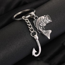 Fishing Keychain with Largemouth Bass and Hook Charms, Stainless Steel Fishing Gift For Lovers Fisherman