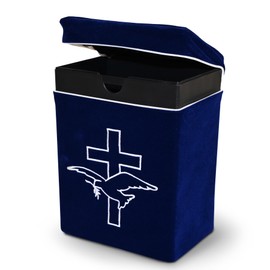 Velvet Urn Bag with TSA Approved Cremation Container | Holds Cremated Ashes of Human Adult | For Use in a Niche or Ground Burial | Fits Crowne Burial Urn Vault (Navy with Cross and Dove)