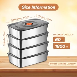 Blushtier 8 Set 60oz Stainless Steel Food Storage Containers Reusable Metal Meat Marinating Container with Lids Fruit Lunch Storage Box for Leftovers,dishwasher and Freezer Safe 1800ml