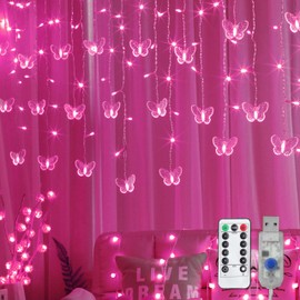 Decorman Butterfly Curtain Lights, 13ft 96 LED USB Window Fairy Lights 16 Butterflies 8 Modes Firefly Twinkle Timer String Lights with Remote for Room Bedroom Wall Ceiling Party Wedding Christmas