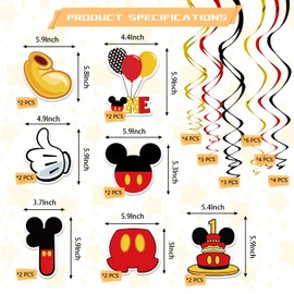 BAOOOFUL Red 1st Birthday Hanging Swirl Decorations, Mouse Birthday Party Ceiling Streamers, Mouse Theme Party Supplies, Party Favors for Boys Kids(38 Pcs)