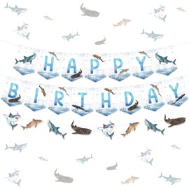 Fangleland Shark Happy Birthday Banner Decorations - Ocean Shark Themed Garland Hanging Decors Birthday Celebration Party Supplies, Shark Decorations for Birthday Party