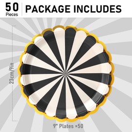 PARTY GO Pack of 50 9 inch Paper Plates for Dinner and Dessert Disposable Plates Party Supplies Pack for Graduation Holiday Wedding Birthday Party Baby Shower Decorations Black
