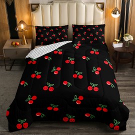 Erosebridal Red Cherry Bedding Set for Kids, Fruit Kawaii Comforter Set King, Cute Cherry Cartoon Quilted Duvet for Boys Girls Women Bedroom Decor, Reversible Luxury Cherry Quilted Comforter, Black