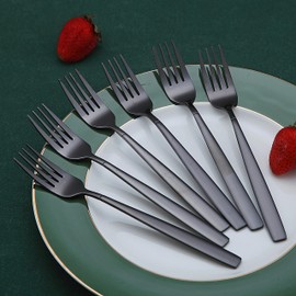 Berglander Black Forks of 6, Stainless Steel Titanium Shiny Black Coating Fork Set, Forks and Spoons Cutlery, Spoon and Forks Set