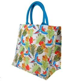 Fairtrade Jute Shopping/Beach/Picnic Bag - Resusable - 30 cm -Rainforest Parrots - Green/Multi