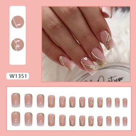 Valentine's Press on Nails Square Pink Glitter Fake Nails Medium Gradient False Nails with Heart Gold Leaf Designs Acrylic Nails Heart Glue on Nails Glossy Artificial Nails Stick on Nails for Women