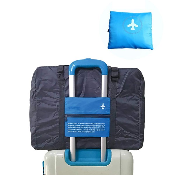 INVODA Travel Bag Foldable Duffel Luggage Bag carry on Nylon Sports Tote Gym Bag Lightweight Weekender Overnight Bag（Blue）