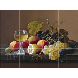 Still Life of Fruit with Lemon by Severin Roesen Tile Mural Kitchen Bathroom Wall Backsplash Behind Stove Range Sink Splashback 4x3 4.25" Ceramic, Matte