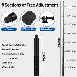 Wiseten 150CM/59" Selfie Stick for Insta360 X4, Extendable Selfie Vlog Handle Portable Camera Accessories for GoPro Hero 12 11 10 9 8 7 6 Black insta360 One X3 X4 DJI Action Camera