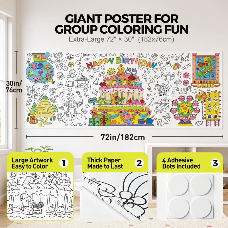 Jar Melo Giant Birthday Coloring Poster for Kids, 72 x