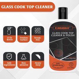 AWEASROY Glass Stove Top Cleaner Kit 12 oz, Cooktop Cleaner and Polish Non-Abrasive No Scratch Removes Tough Stains, with Scrubbing Pad, Handle, Scraper, Cloth