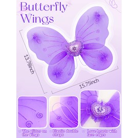 VEKDA 4 PCS Fairy Costume for Girls Butterfly Wings Kids Princess Costume Set with Tutu Skirt,Headband,Fairy Wings and Wand for 3-8 Years Purple