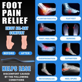 Plantillas para fascitis plantar para hombres y mujeres, inserciones ortopédicas resistentes con soporte para el arco para aliviar la fascitis plantar, alivio del dolor de pies, plantillas cómodas para estar de pie todo el día, sprot, senderismo