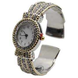 Metal Ladies Western Bangle/Cuff Watch with Simple Rhinestones on Band (Two Tone)
