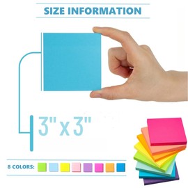 Sticky Notes Set, 3in x 3in Post It Notes, 100 Sheets/Pad, 8 Pads, Colourful Removable Self-Stick Post Pads for Home, Office, Notebook