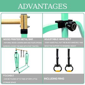 Peakpath Foldable Gymnastics Kip Bar with Mat and Ring Set,3' to 5' Height Adjustable,Kids Gymnastic Equipment for Ages 3-15,Indoor and Home Training- Max Load 260LBS
