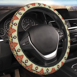 Ethnic Aztec Geometric Native Boho Car Steering Wheel Cover,Non-Slip Elastic Neoprene-Sweat Car Accessories,Universal 15 Inch Fit Auto, Vans Trucks,Suvs, Truck