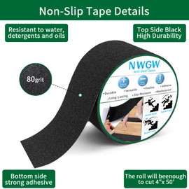 NWGW Black Anti-Slip Stair Treads Tape,4" x50FT Heavy Duty PVC Non-Skid Grip Tape for Wooden Steps, Indoor/Outdoor Stairs, Pool Decks - Peel & Stick Waterproof Safety Traction
