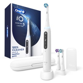 Oral-B Oral-B iO Deep Clean + Whiten Rechargeable Electric Toothbrush with Visible Pressure Sensor, 2 Minute Timer, 5 Cleaning Settings, 1 iO5 Limited, 3 Toothbrush Heads, Travel Case & Refill Holder, White